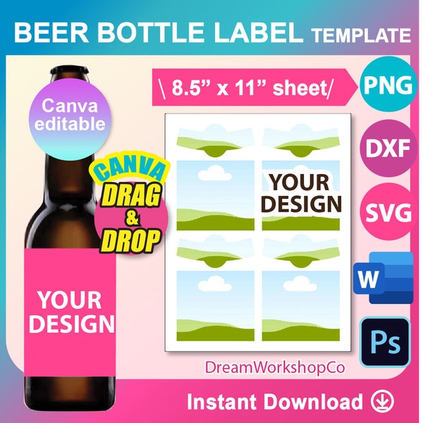Bierflasche Etikett Vorlage, SVG, DXF, Canva, Ms Word Docx, Png, PSD, 8,5 "x 11" Bogen, printable