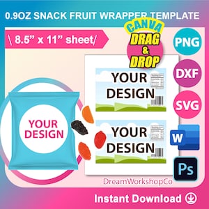 0.9oz Fruit snack label wrapper Template, SVG, DXF,  Canva, Ms Word Docx, Png, Psd, 8.5&quot;x11&quot; sheet, Printable