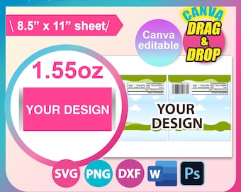 Modèle d&#39;emballage de barre de chocolat de 1,55 oz, toile, SVG, DXF, MS Word Docx, Png, Psd, feuille 8,5 x 11 po, imprimable