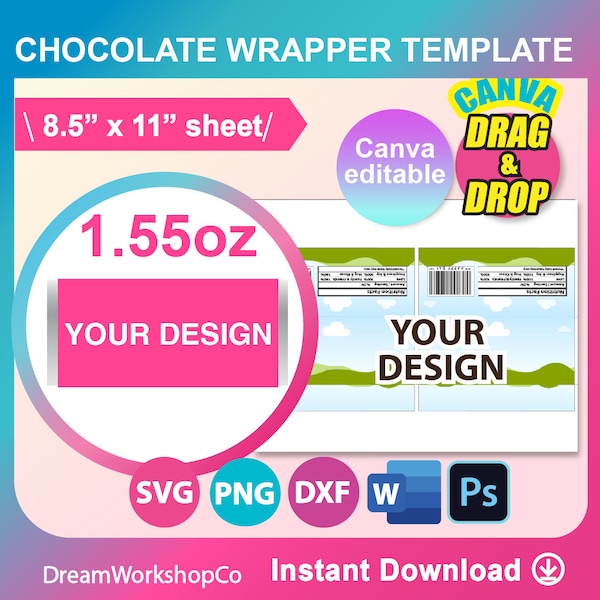 1.55oz Chocolate Bar Wrapper Template, Canva, SVG, DXF, Ms Word Docx, Png, Psd, 8.5"x11" sheet, Printable