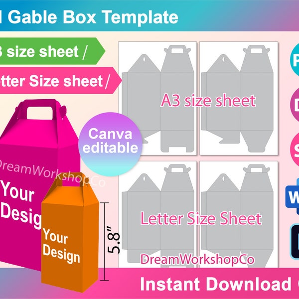 Bundle Tall Gable Box Template, Box with Handle Template, Gift Box, Canva, SVG, DXF, Ms Word Docx, Png, Psd, A3 sheet, Letter size sheet