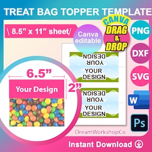 Treat Bag Topper Template, SVG, DXF, Canva, Ms word Docx, Png, PSD, 8.5&quot;x11&quot; sheet, Printable