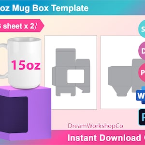 15oz Mug Box Template, with window, Sublimation Template,  SVG, DXF, Ms Word Docx, Png, Psd, A3 size sheet, Printable