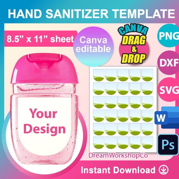 Mini Hand Sanitizer Label Template,  SVG, DXF, Canva, Ms Word DOCX, Png, Psd, Canva, 8.5"x11" sheet, Printable