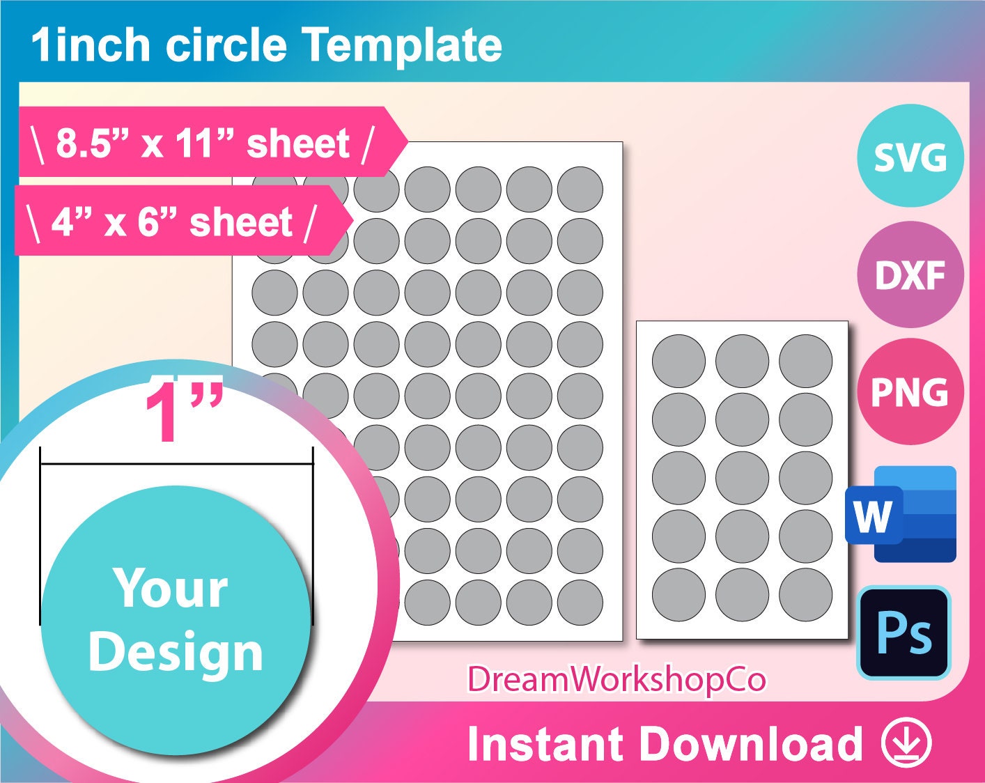 1inch Circle Template, Multipurpose Labels SVG, DXF, Circle Label template, Canva, Ms Word docx, Png, Psd, 8.5