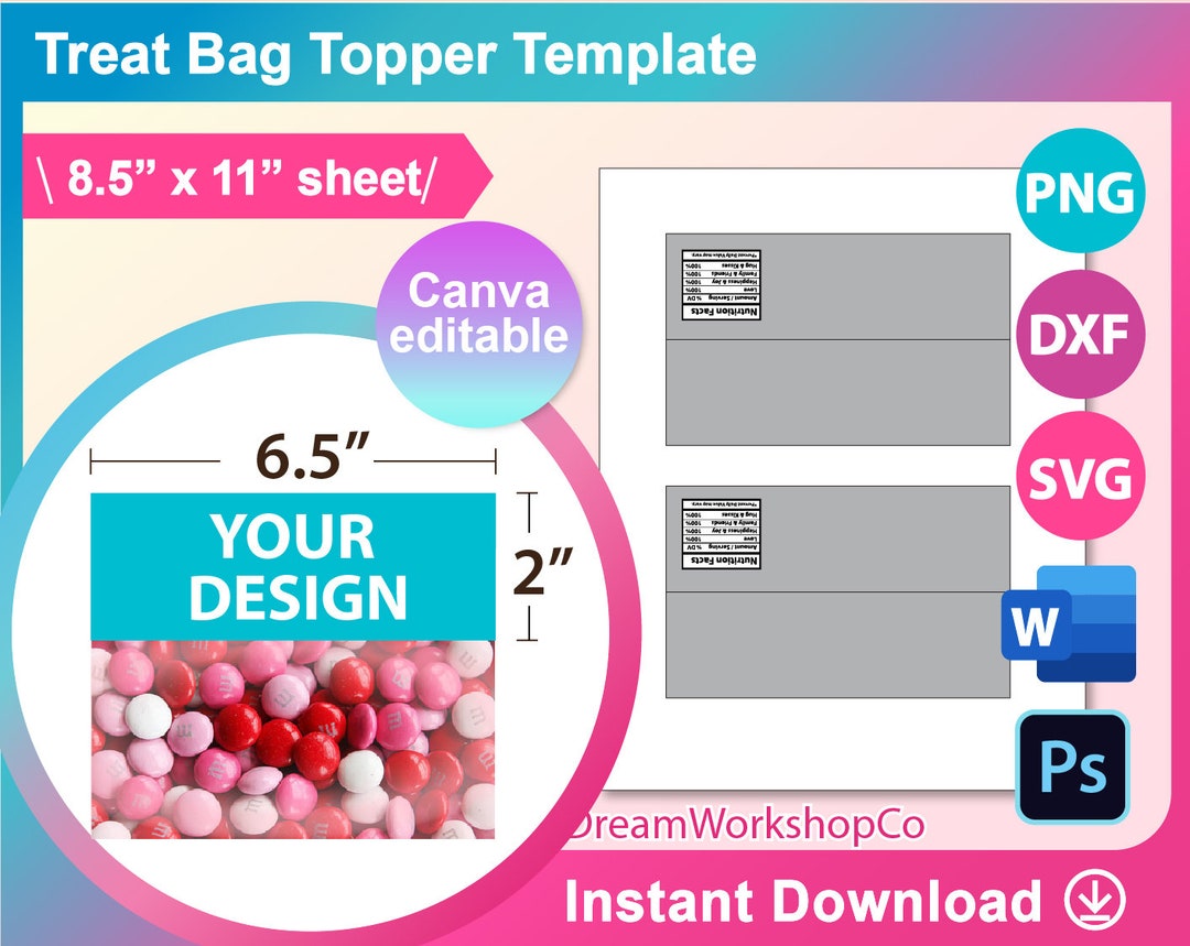 Treat Bag Topper Template, SVG, DXF, Canva, Ms Word Docx, Png, PSD, 8 ...