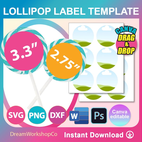 3.3" and 2.75" Lollipop Label Template, SVG, DXF, Canva, Ms Word Docx, Png, Psd, 8.5"x11" sheet, Printable
