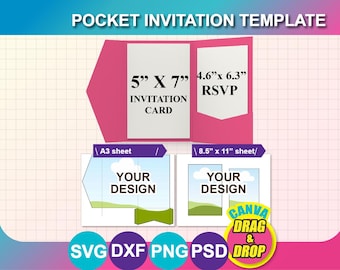 ポケットサイズの結婚式招待状テンプレート：5インチ×7インチ（Canva、Word、PSD、SVG、DXF形式）（デジタルダウンロード）