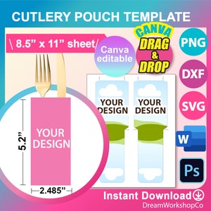 Cutlery pouch Template, Cutlery Set template, SVG, Canva, DXF, Ms Word DOCX, Png, Psd, 8.5&quot;x11&quot; sheet, Printable, Instant Download