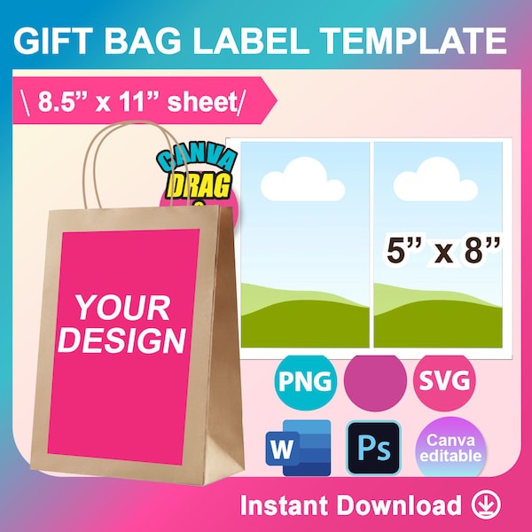 Etiqueta de bolsa de regalo, plantilla de etiqueta de bolsa de regalo. SVG, Canva, DXF, Ms Word Docx, Png, PSD, hoja de 8,5"x11", Imprimible