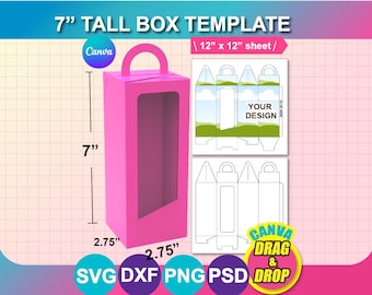 7inch Tall Box Template, Tall Window Box, Box with Handle Template, Doll Box, Canva, SVG, DXF, Ms Word Docx, Png, Psd, 12 x 12 sheet