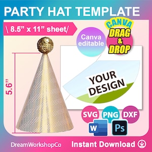 Plantilla de sombrero de fiesta, SVG, Canva, DXF, Ms Word Docx, Png, Psd, hoja de 8,5" x 11", imprimible