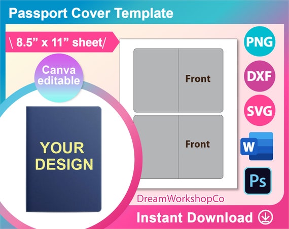 Passport cover Template, SVG, Canva, DXF, Ms Word Docx, Png, Psd, 8.5 x  11 sheet, Printable