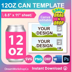 12oz Soda Can Template, Beer Can Template, SVG, Canva, DXF, DOCX, Png, Psd, 8.5"x11" sheet, Printable