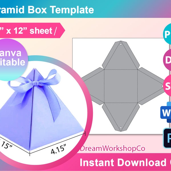 Pyramid Gift Box Template, Wedding Favor Box Template, Candy Box Template, Canva SVG, DXF, Ms word Docx, Png, PSD, 12x12 sheet, Printable