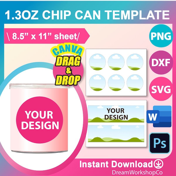 1.3oz Chip Can Template, Chip  Can Label template, SVG, DXF, Canva, Ms Word Docx, Png, Psd, 8.5"x11" sheet, Printable