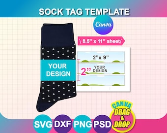 May include: A sock tag template with the text "SOCK TAG TEMPLATE" and "Canva". The design includes a navy blue sock with white polka dots and a light blue band that says "YOUR DESIGN". The template is for a 21.6 cm x 27.9 cm sheet.