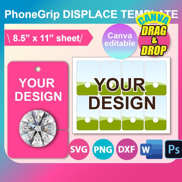 Phone Grip Display Card, Phone Grip Card Template, SVG, DXF, Ms Word docx, Png, Canva, Psd, 8.5"x11" sheet, Printable, Instant Download