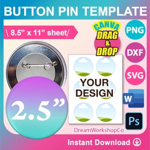 2.5inch Button Pin Template, 2.5inch Pin Button Template, Canva, SVG, DXF, Ms Word docx, Png, Psd, 8.5&quot;x11&quot;