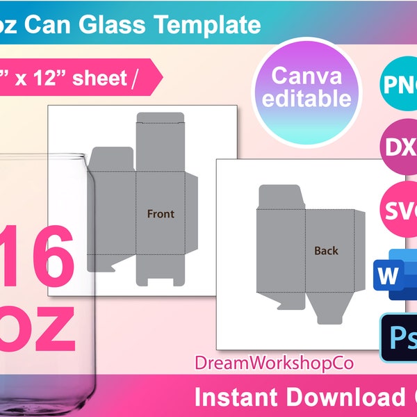 16oz Can Glass Box template, beer can glass Box, Canva, Ms word, PSD, PNG, SVG, Dxf, 12x12 sheet, Printable, Instant Download