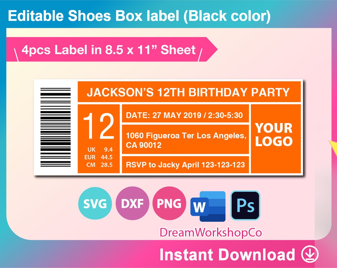 Shoe Box Label Template SVG DXF Png Ms Word Docx PDF Etsy