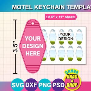Puede incluir: Una plantilla de llavero de motel rosa con el texto "YOUR DESIGN HERE" y una medida de 8,9 cm. La imagen también incluye una hoja con múltiples diseños de llaveros y el texto "YOUR DESIGN". La imagen también incluye el texto "MOTEL KEYCHAIN TEMPLATE".