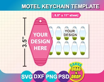 Plantilla para llavero de motel, plantilla para sublimación, SVG, DXF, Ms Word Docx, Canva, Png, Psd, hoja de 8.5" x 11".