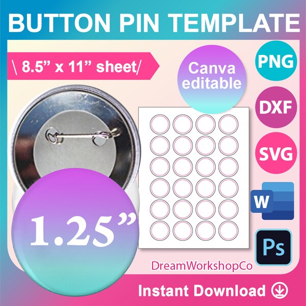 1.25inch Button Pin Template, 1.25inch Pin Button Template, Canva, SVG, DXF, Ms Word docx, Png, Psd, 8.5"x11"