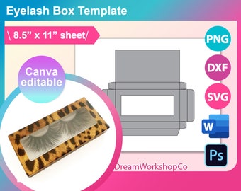 Eyelash Box Template, Lash box template SVG, Canva, DXF, Ms Word Docx, Png, PSD, 8.5"x11" sheet, Printable