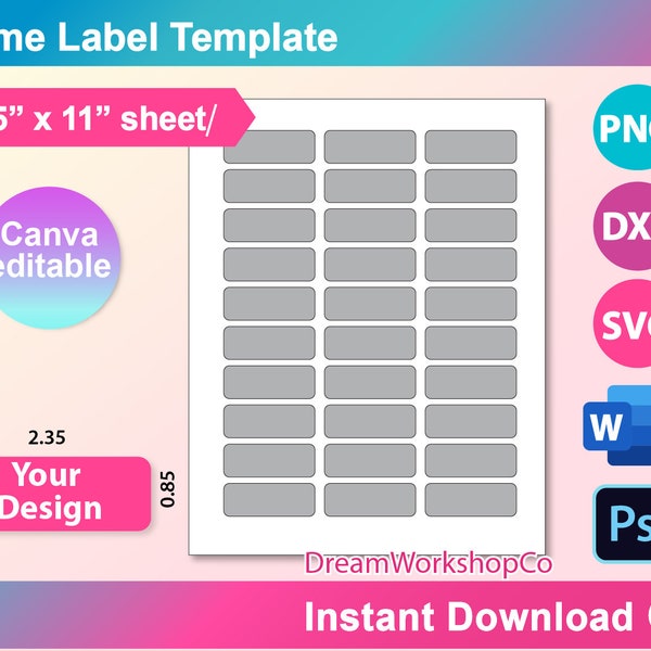 Name Label Template, SVG, DXF, Canva, Ms Word Docx, Png, Psd, 8.5"x11" sheet, Printable