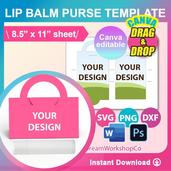 Lip balm Purse Template, Lip Balm Box Template, SVG, DXF, Canva, DOCX, Png, Psd,  8.5x11" sheet, Printable, Instant Download