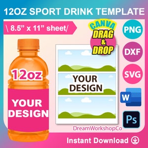12oz Sport Drink bottle Labels template, Sport Drink template, Canva, SVG, DXF, Ms Word Docx, Png, PSD, 8.5&quot;x11&quot; sheet, Printable