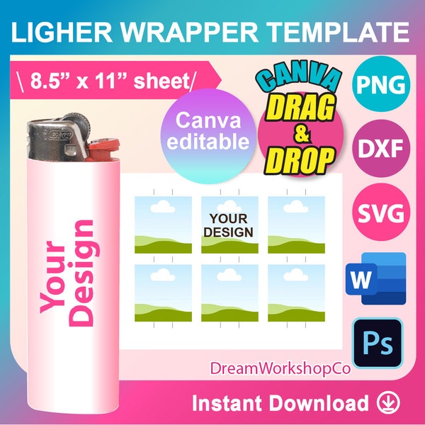 Lighter label Template, Lighter wrapper Template, Sublimation Template,  SVG, Canva, DXF, Ms word Docx, Png, PSD, 8.5"x11" sheet, Printable