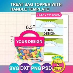 以下が含まれることがあります： 「YOUR DESIGN」と書かれたピンク色の持ち手付きお菓子バッグトッパーテンプレート。バッグの幅は16.5cm、高さは5cmです。画像には、SVG、DXF、PNG、PSDファイル用のシートテンプレートとアイコンも含まれています。