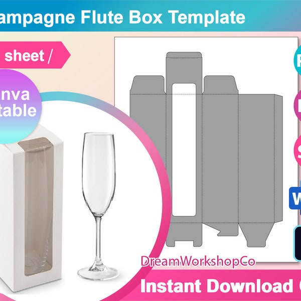 Champagner Flöte Box, Weinglas Box Vorlage, Frau Wort, Canva, PSD, PNG, SVG, Dxf, A3 Blatt, Printable, Instant Download