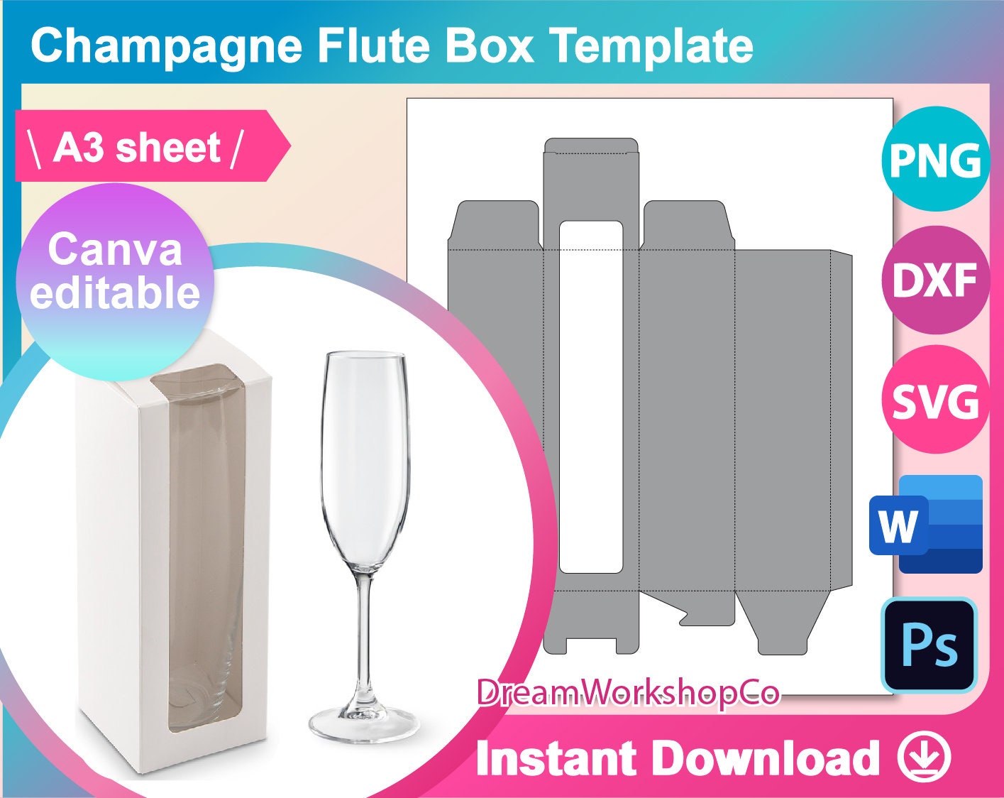 Champagne Flute Box Wine Glass Box Template Ms Word Canva Etsy UK