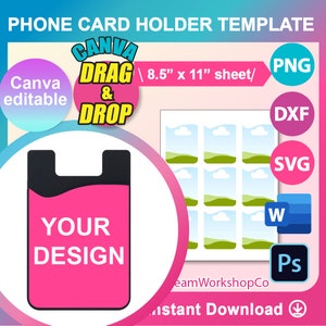 Plantilla para portatarjetas de teléfono, sublimación, portatarjetas de teléfono SVG, DXF, Canva Ms Word docx, Png, PSD, hoja de 8,5" x 11", imprimible