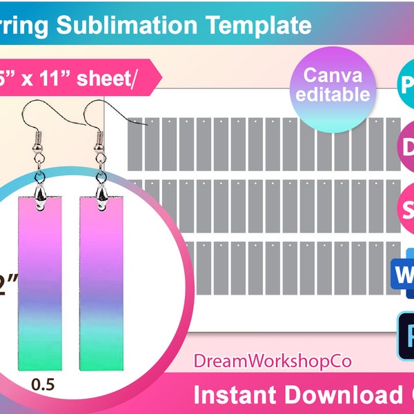 Sublimation de boucle d’oreille rectangulaire, modèle de boucle d’oreille en forme de larme, SVG, Canva, DXF, Ms word Docx, Png, Psd