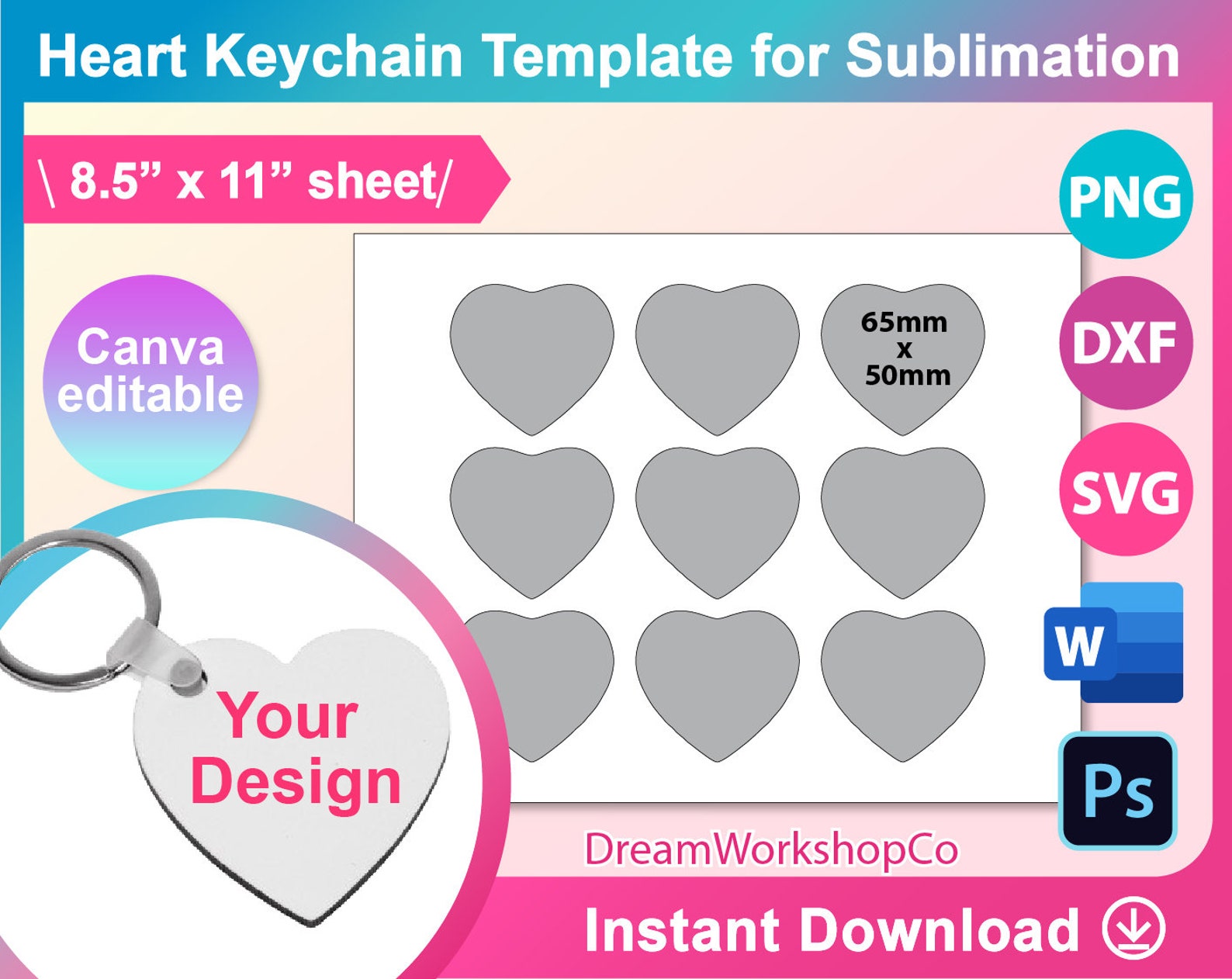 Heart Keychain Template Heart Shape MDF Keychain Sublimation Etsy