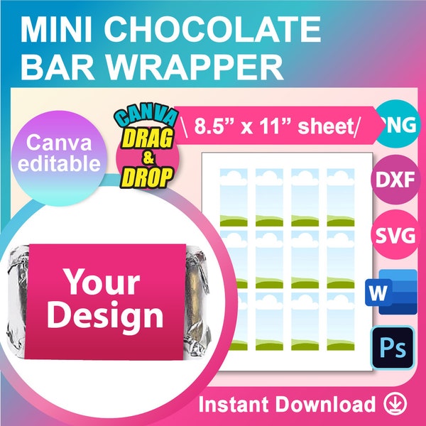 Mini Candy Wrapper Template, Mini Chocolate Wrapper Template, SVG, Canva, DXF, Ms Word Docx, Png, Psd, 8.5"x11" sheet, Printable