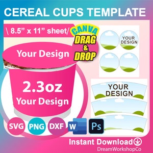 2.3oz Cereal Cup Template, 2.3oz Cereal Cup Wrapper Template, Canva, Ms word, PSD, PNG, SVG, Dxf, 8.5 x 11 sheet