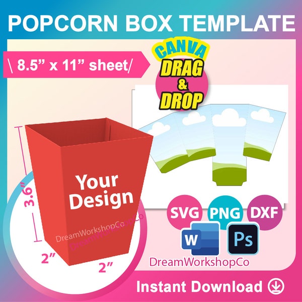 PopCorn Box sjabloon, Snack Box sjabloon, Snack Box Svg, Canva, SVG, DXF, MS Word Docx, Png, Psd, 8,5 "x 11" vel, afdrukbaar