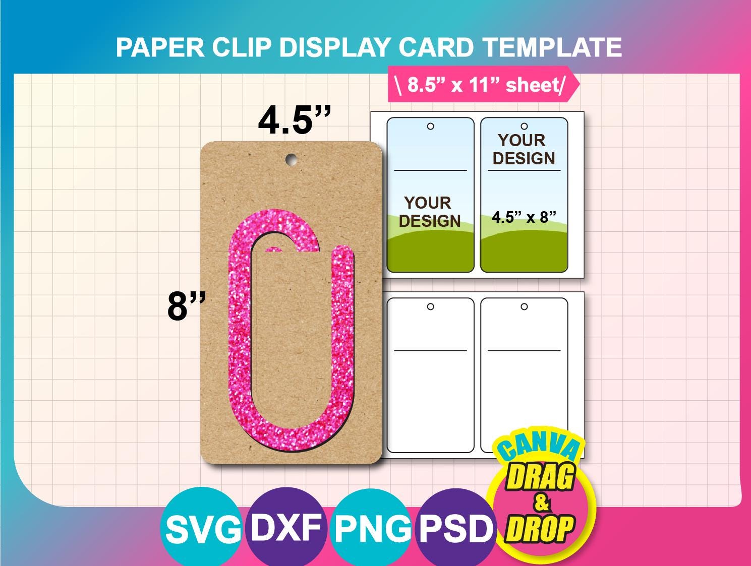 Pattern Clip Card Jumbo Paper Clip Display Card Canva, SVG, DXF, Png, PSD, 8.5