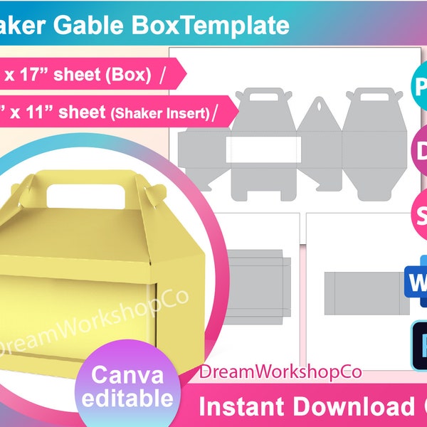 Shaker Gable Box Template, Box with Handle Template, Gift Box SVG, Canva, DXF, Ms Word Docx, Png, Psd, Printable