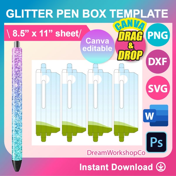 Glitter Pen Box Template, Glitter Pen Box Template SVG, Canva, DXF, Ms Word Docx, Png, Psd, 8.5x11 size sheet, Printable