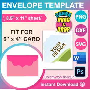6"x 4" カード封筒テンプレート、Canva、Ms word、PSD、PNG、SVG、Dxf、8.5x11" シート、印刷可能、即時ダウンロード