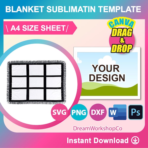 Blanket Sublimation Template, Blanket Template for sublimation, Canva, SVG, DXF, Ms Word Docx, Png, Psd, A4 sheet, Printable