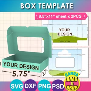 May include: A teal box template with dimensions of 5.75" x 3.7" and a window. The design includes the text "YOUR DESIGN" and "GLUE HERE". The image also shows the text "BOX TEMPLATE" and "8.5"x11" sheet x 2PCS". Includes SVG, DXF, PNG, PSD file formats.