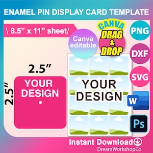 Enamel Pin Display Card Template, Keychain Display Card Template, SVG, Canva, DXF, Ms Word docx, Png, Psd, 8.5"x11" sheet, Printable