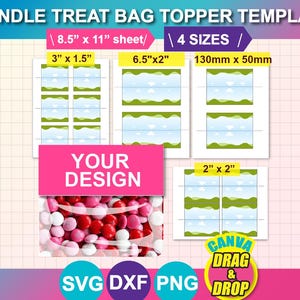 Treat Bag Topper Template Bundle: 4 Sizes, Canva, SVG, Dxf, PSD, PNG, digital Download